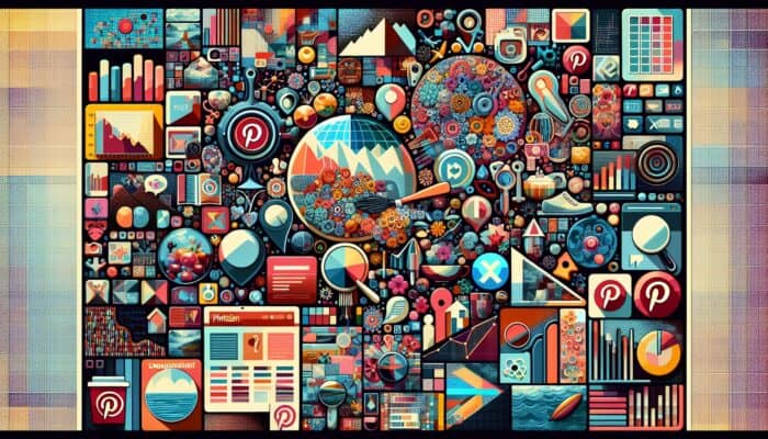 An engaging digital collage of Pinterest Video Boards showcasing themes like cooking, fashion, and travel, complete with engagement analytics and relevant hashtags.