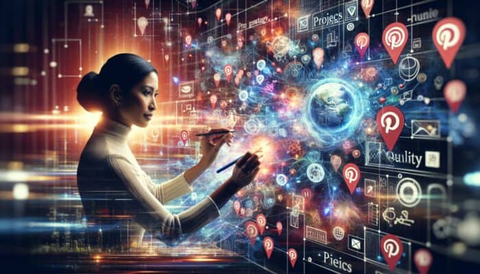 A person creating a Pinterest video board surrounded by strategy icons and vibrant pins.