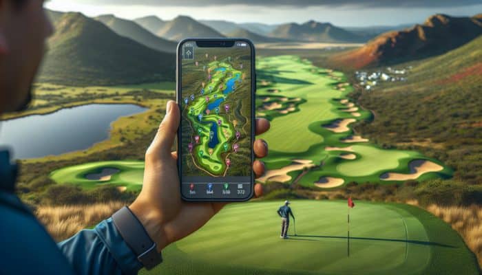 A golfer using a smartphone app with a detailed map of a South African golf course, illustrating diverse terrains and strategic planning.