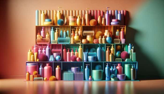 A variety of affordable hair care products displayed on a vibrant shelf, showcasing visible price tags and ingredient labels.