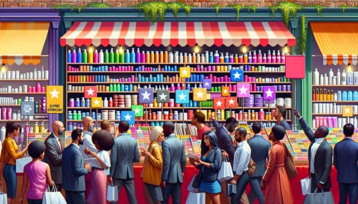 A lively UK marketplace stall filled with affordable hair products, featuring expert recommendations and diverse customers exploring options.