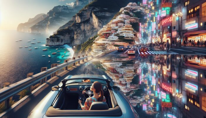 A traveler driving a convertible along the Amalfi Coast, with Tokyo streets reflected in the side mirror, feeling secure and liberated.