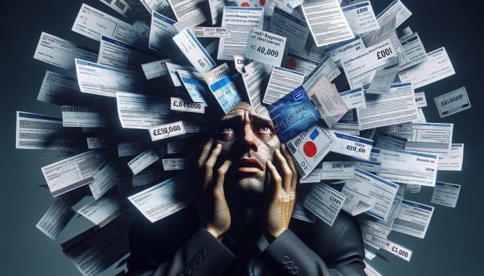 How I Consolidated £50,000 in Debt: My UK Journey | DCL Person surrounded by financial documents, showing stress and determination to address £50,000 debt.