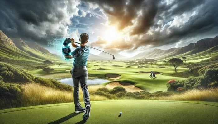 Golfer utilizing a high-tech performance tracker on a South African course to analyze swing and trajectory.