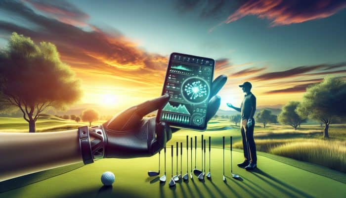 A golfer utilizing a modern golf performance tracker on a green at sunset, with clubs in close proximity.