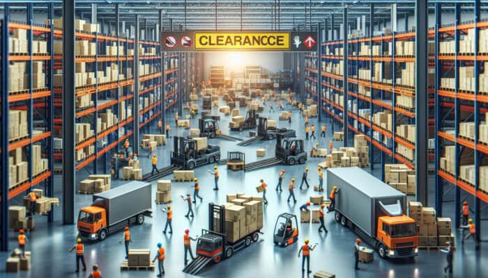A busy warehouse scene with clearance items being loaded onto trucks, showcasing efficient logistics with workers and machinery.
