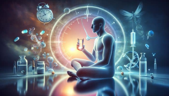 Individual fasting for a health check, seated with water, medical symbols, early morning clock.
