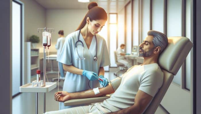 A healthcare professional collecting blood from a patient's arm in a clinic, utilizing sterile equipment and applying a bandage.