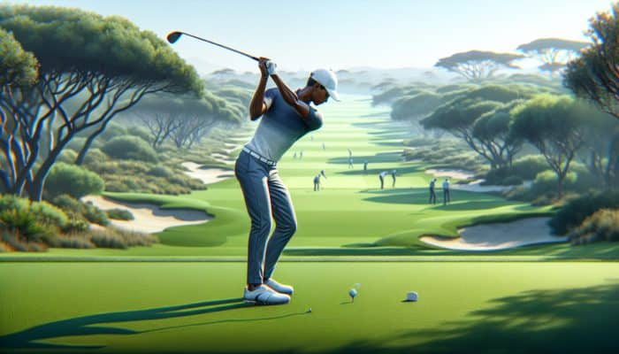 A South African golfer refining swing techniques on a lush course, utilizing an open stance for higher trajectory.