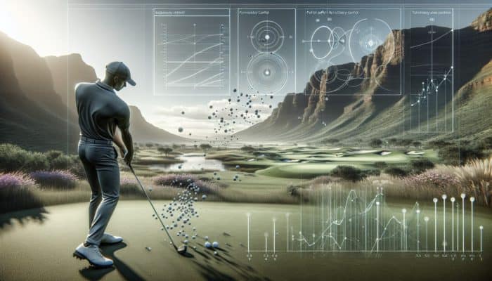 A South African golfer refining stance on varied terrain; wide for low shots, narrow for high launch.