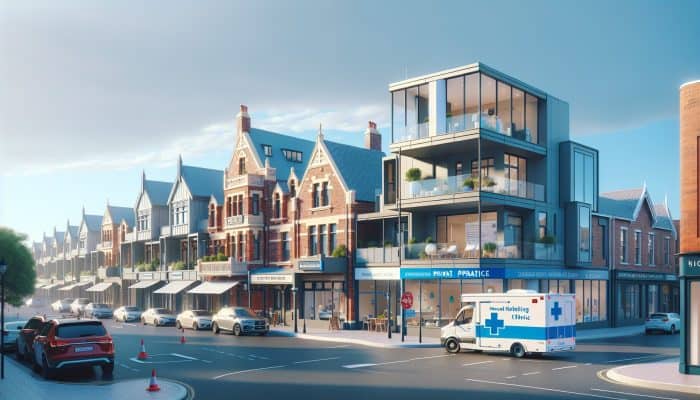 A bustling Rutherglen street showcasing various healthcare facilities, including a health centre, GP practice, private clinic, and mobile unit.