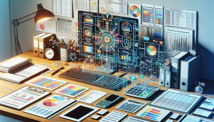 A virtual assistant's desk with digital tools and organised bookkeeping documents, showing time blocks for tasks.
