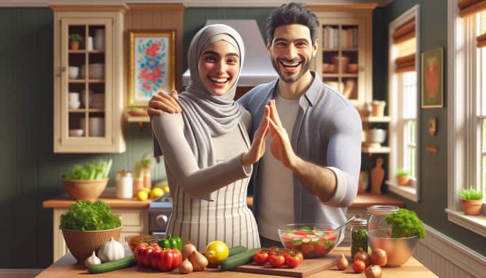 A couple joyfully cooking a healthy meal together, celebrating with smiles and high-fives in a vibrant kitchen.