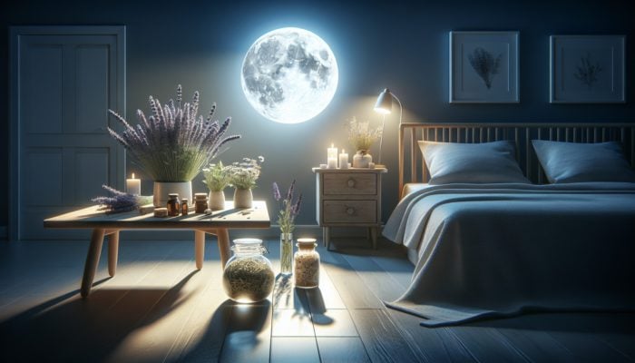 A serene bedroom with moonlight, herbs like lavender, chamomile, and valerian root on a bedside table for better sleep.