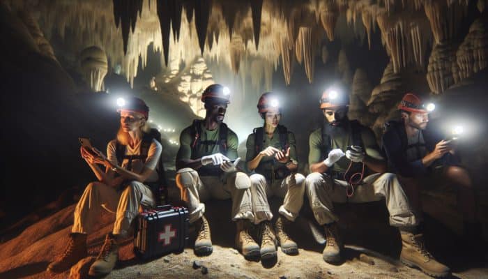 A team practicing safety protocols and emergency procedures in a cave with first aid kits and communication devices.