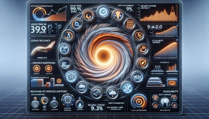 Digital dashboard showing key hosting metrics including uptime, load times, server response, scalability, support, backups, and CDN.