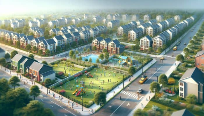 A vibrant neighborhood with homes near a school, parks, and playgrounds, showing school zones' positive impact on property values.