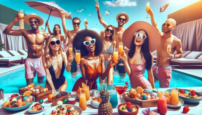 A lively Las Vegas pool party at 2 PM featuring a DJ, themed brunch, and happy hour signs.