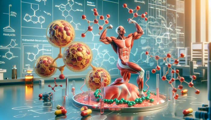 Illustration depicting BCAAs interacting with muscle fibers, enhancing growth in a laboratory environment.