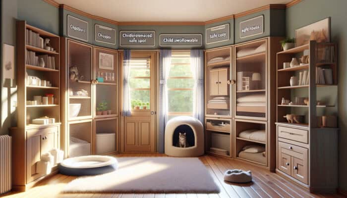 A secure room for a cat with screened windows, childproof locks, and a safe space, free from hazards.