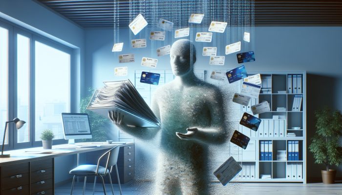 Can Debt Consolidation Lead to More Debt: UK Insights | DCL A relaxed individual in a home office, holding a single document amidst a chaotic array of credit cards and loan documents, representing the concept of debt consolidation.