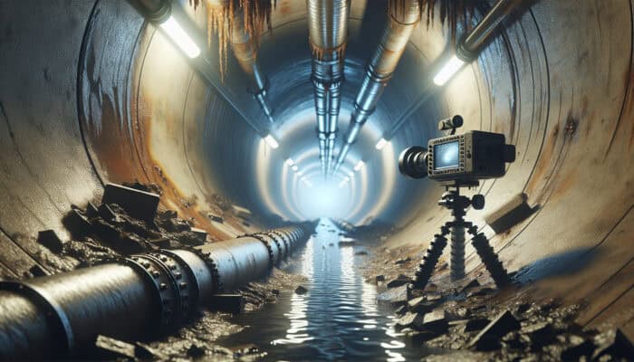 Advanced camera inspecting old sewer system, highlighting need for regular maintenance due to visible wear and water.