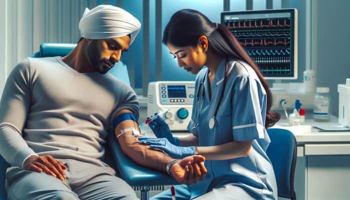 A healthcare professional drawing blood from a patient's arm in a clean, well-lit medical room in Hertford.
