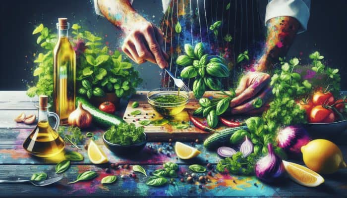 UK chef's table with fresh herbs like basil, mint, coriander, parsley, crafting colorful salad dressing.