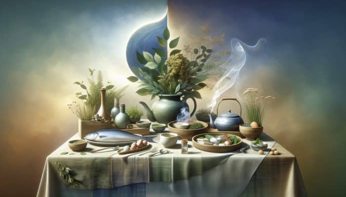 A table with magnesium, omega-3, and herbal teas, surrounded by calming elements, symbolizing panic attack relief.