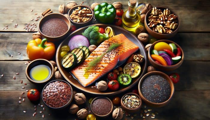 A vibrant spread of omega-3 rich foods from the UK: grilled salmon, vegetables, and seeds on a rustic table.