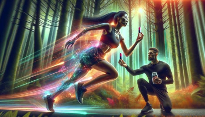 An endurance runner taking an iron supplement on a forest trail, guided by a health expert, with energy visuals.