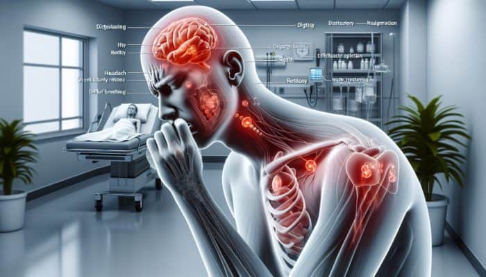 Person in clinical setting showing supplement side effects: digestive discomfort, headache, allergic reaction, increased heart rate, water retention.