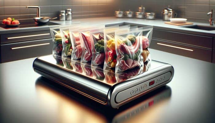 A modern kitchen featuring a vacuum sealer preserving meats, vegetables, and liquids in bags, showcasing its versatility.