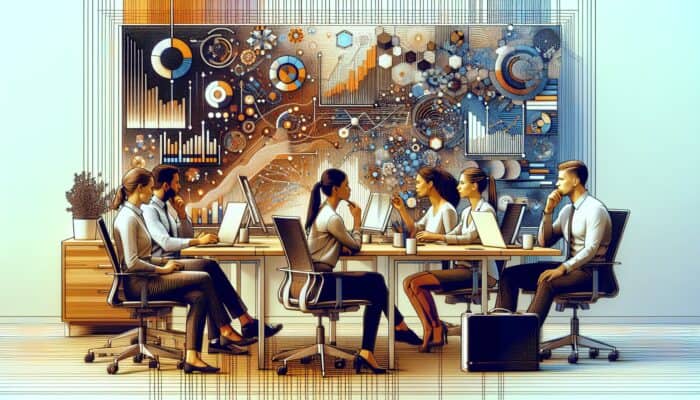 A modern office with professionals analysing SEO analytics and user intent graphs on a digital screen.