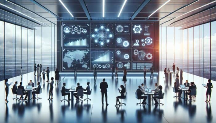 A futuristic office with a digital screen showing AI analytics on user engagement, team analyzing data.