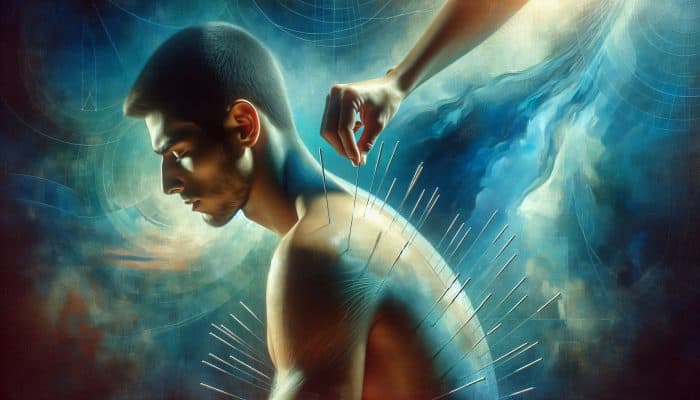 A serene person receiving acupuncture with needles, surrounded by calming blue and green hues.
