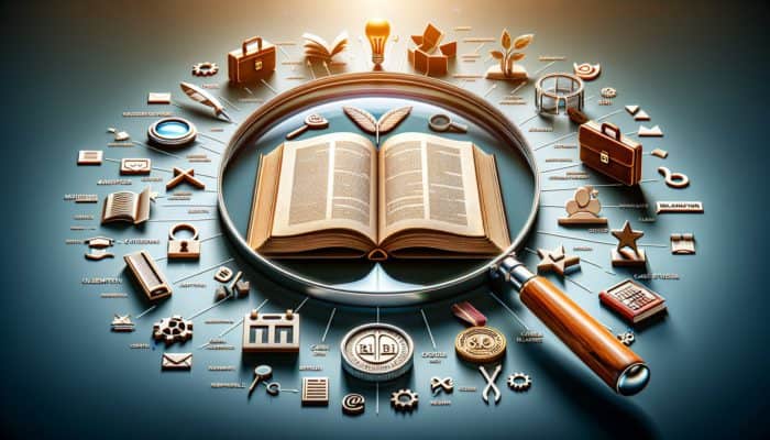 An open book alongside a magnifying glass focusing on author credentials, surrounded by high-quality content, case studies, and citations.