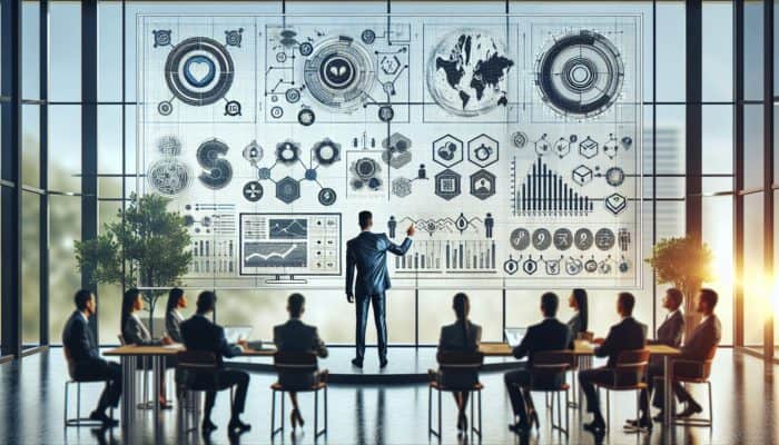 A person presenting a tech report with charts, graphs, and software metrics, while experts discuss in the background.