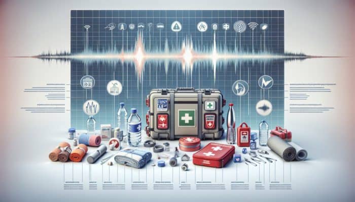 Infographic showing essential earthquake survival gear recommended by experts, with seismograph background.