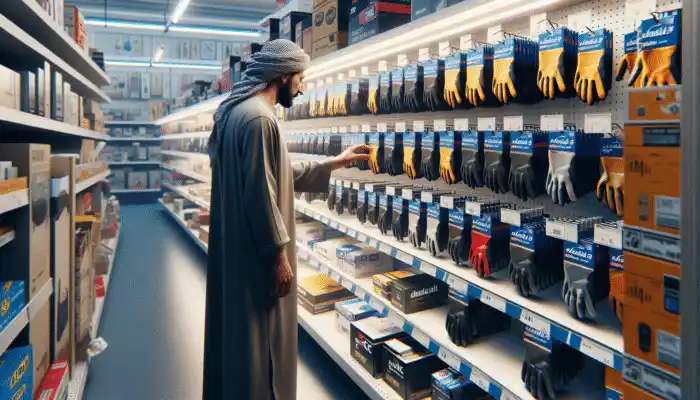A person in a Hitchin hardware store examining PVC work gloves on a shelf with a "For Sale" sign.