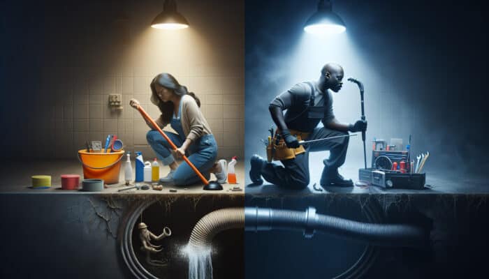 Person using plunger and chemicals vs. professional plumber with advanced tools for drain cleaning.