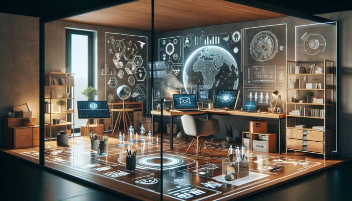 A modern home office with energy-efficient tech, virtual assistants, and eco-friendly tools for sustainable remote work.