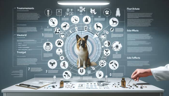 Infographic illustrating various flea treatments for pets and their side effects, featuring dog and cat icons.