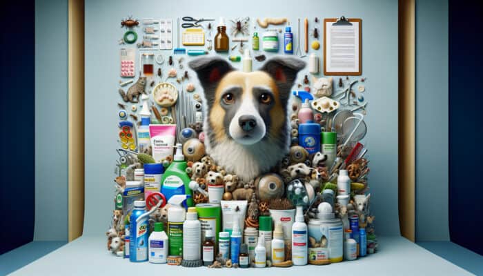 A pet surrounded by various flea control products, illustrating the complexity and potential risks of combination therapies.