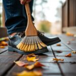 A person meticulously brushing shoes, cleaning the soles of their dark leather footwear with a brush. They stand on a wooden deck adorned with colorful autumn leaves, wearing blue jeans. The focus is on the shoe and brush, highlighting this essential benefit of shoe care.