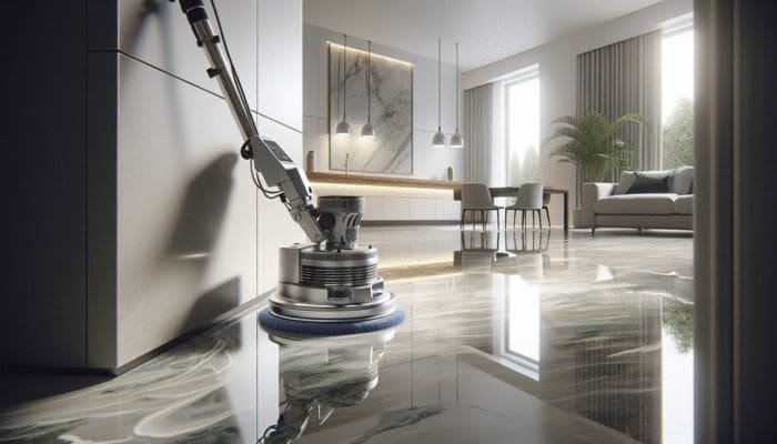 Modern stone floor polisher enhancing the shine of luxurious marble floor in a UK home.