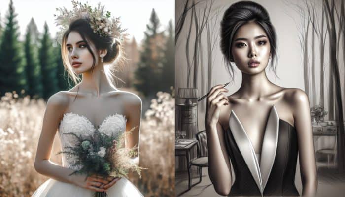 Brides showcasing different updos: one with a loose, romantic style adorned with wildflowers for a rustic wedding, another with a sleek chignon for a formal event.