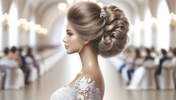 A bride showcasing an elegant updo, styled with high-quality products, lasting from morning to evening at her wedding.