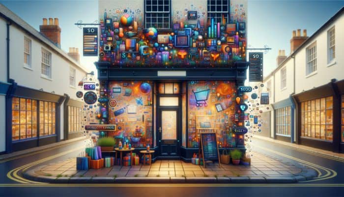A vibrant online store interface with SEO elements, set in a quaint Totnes shopfront, symbolising increased digital visibility and sales.