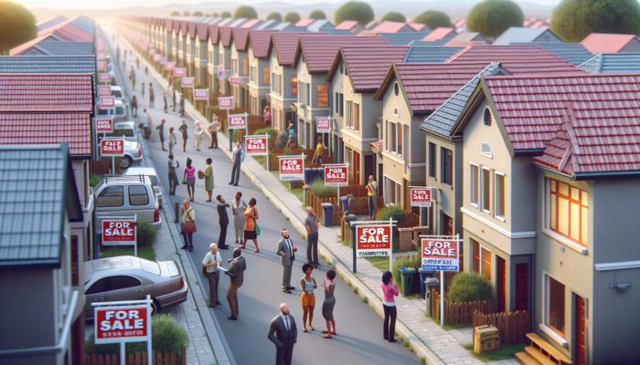 A bustling street in Standerton featuring 'For Sale' signs on affordable homes, enticing eager first-time buyers and investors.